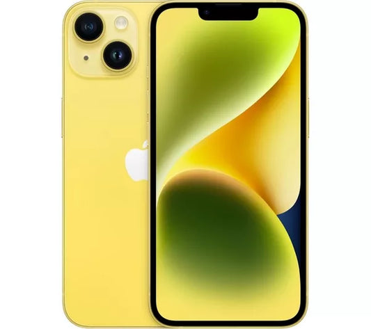 Yellow iPhone 14 unlocked showing front screen and dual rear cameras from CTR MOBILE