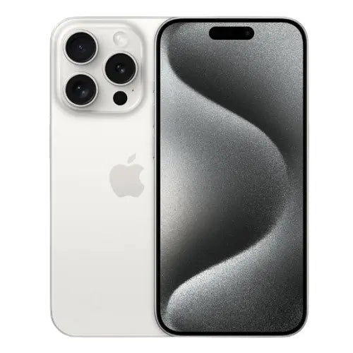 Apple iPhone 15 Pro Max factory unlocked in white showing front screen and triple camera on back