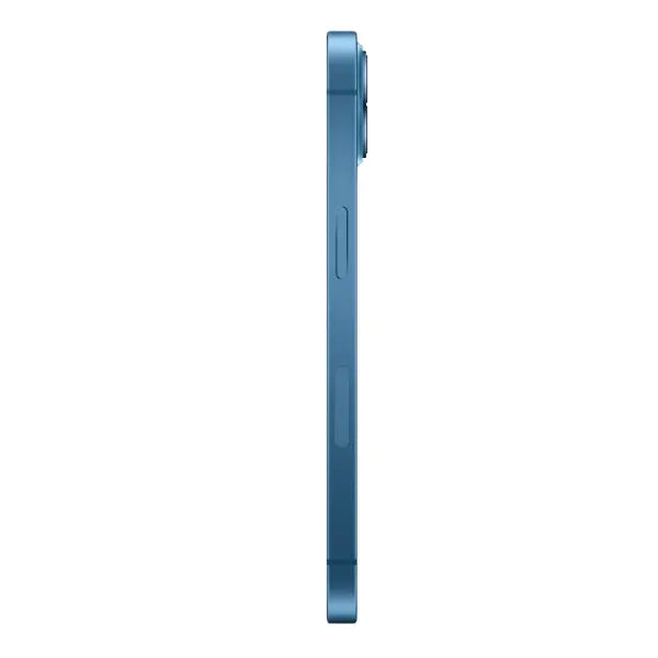 Side view of Apple iPhone 13 SIM free in blue showing slim profile and button placement
