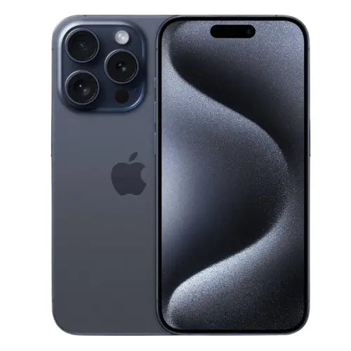 Apple iPhone 15 Pro Max factory unlocked in space black showing front and back with triple camera