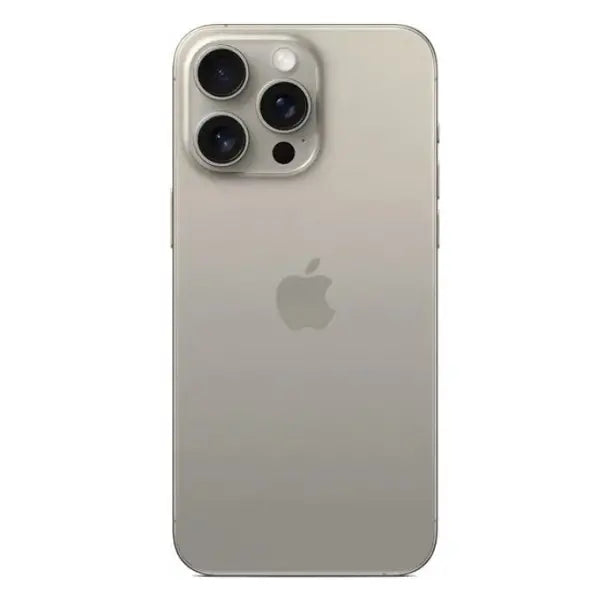 Apple iPhone 15 Pro Max factory unlocked in silver showing back with triple camera setup