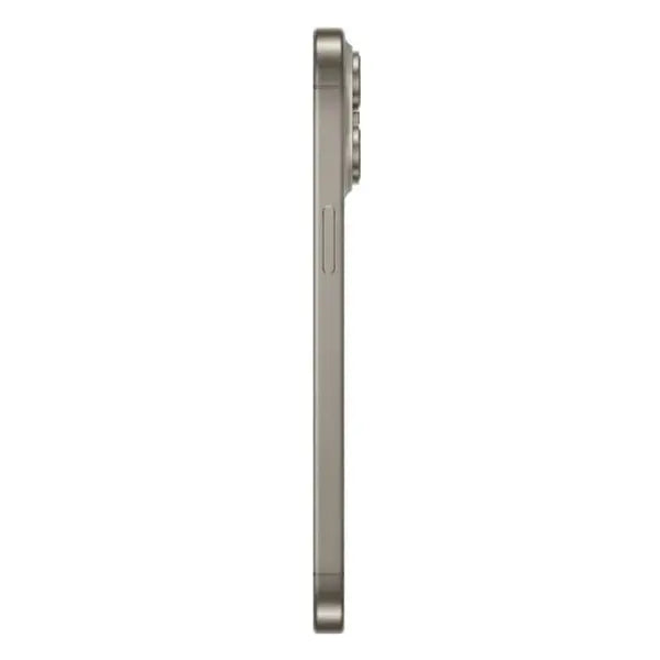 Side view of Apple iPhone 15 Pro Max factory unlocked in silver showing slim design and camera bump
