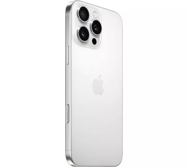 Silver iPhone 16 Pro Max unlocked showing rear triple camera setup and sleek design