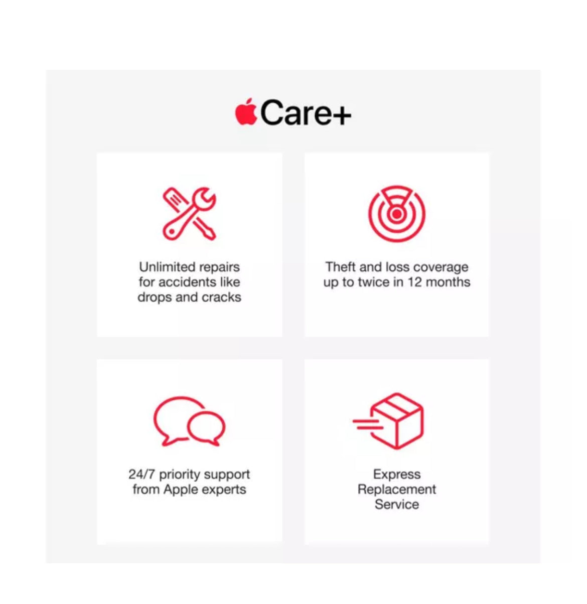 Apple Care Plus coverage features including unlimited repairs theft loss coverage and express replacement for iPhone 17 Pro Max Cosmic Orange