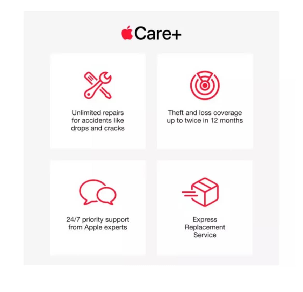 Apple Care Plus features including unlimited repairs, theft and loss coverage, 24 7 priority support, and express replacement service for Apple iPhone 17 Pro Max unlocked