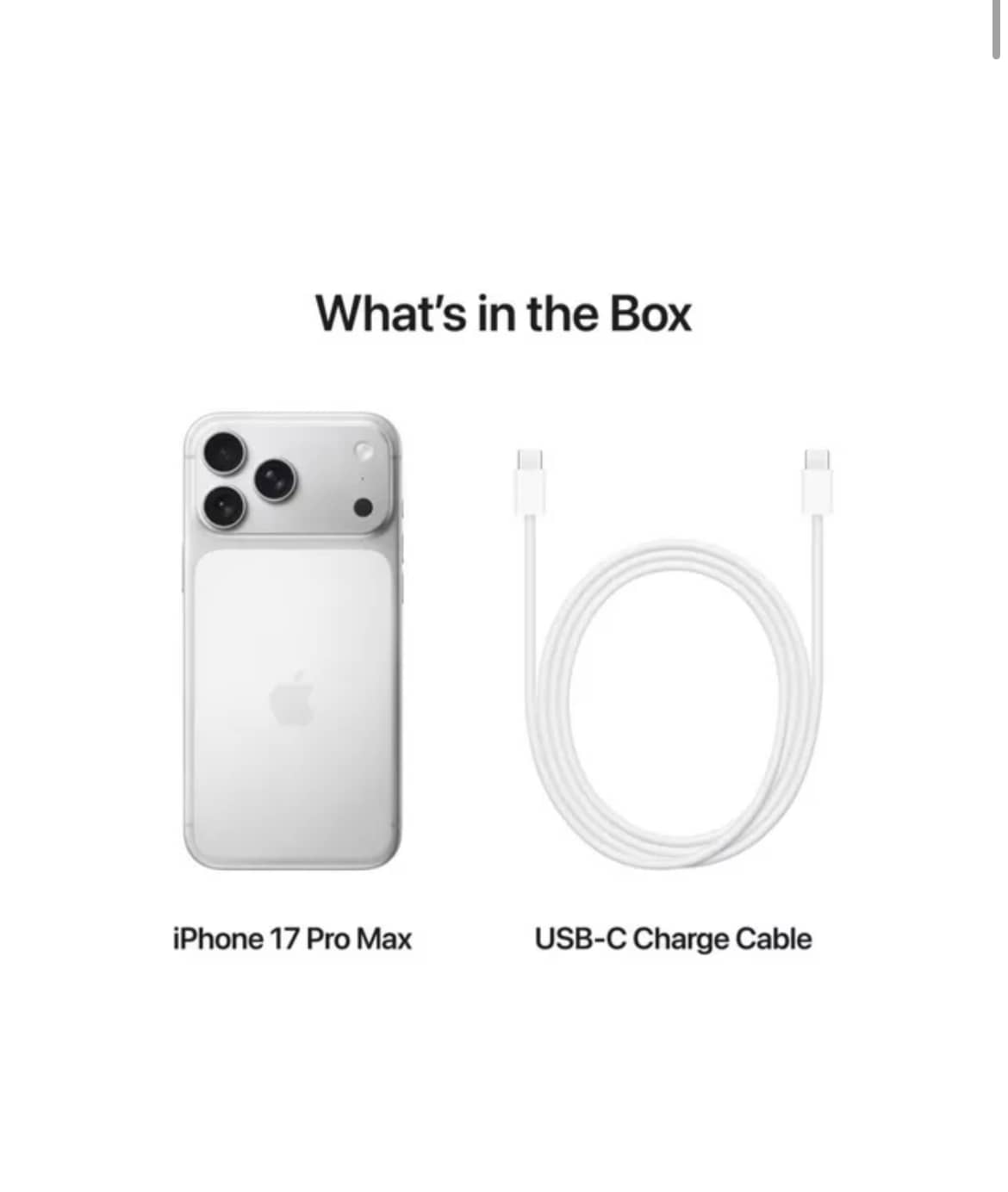 Apple iPhone 17 Pro Max unlocked with USB-C charge cable shown in the box contents